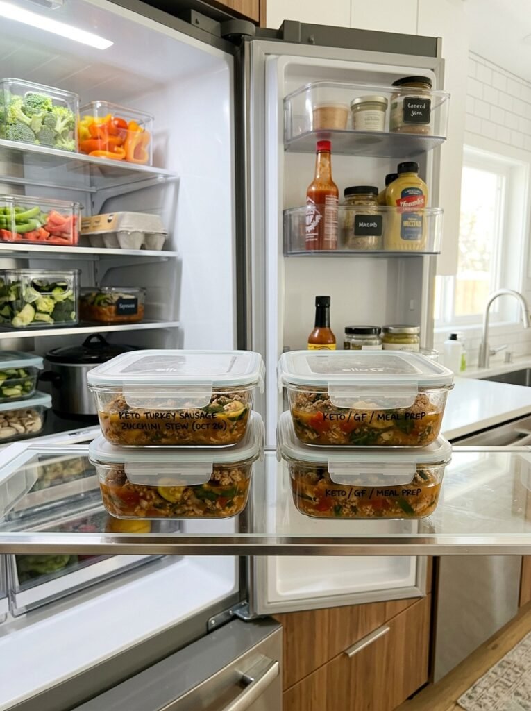 Keto Crockpot Turkey Sausage Zucchini Stew: A Hearty Low-Carb Comfort Food Recipe 16 Food storage containers with stew 202606111244