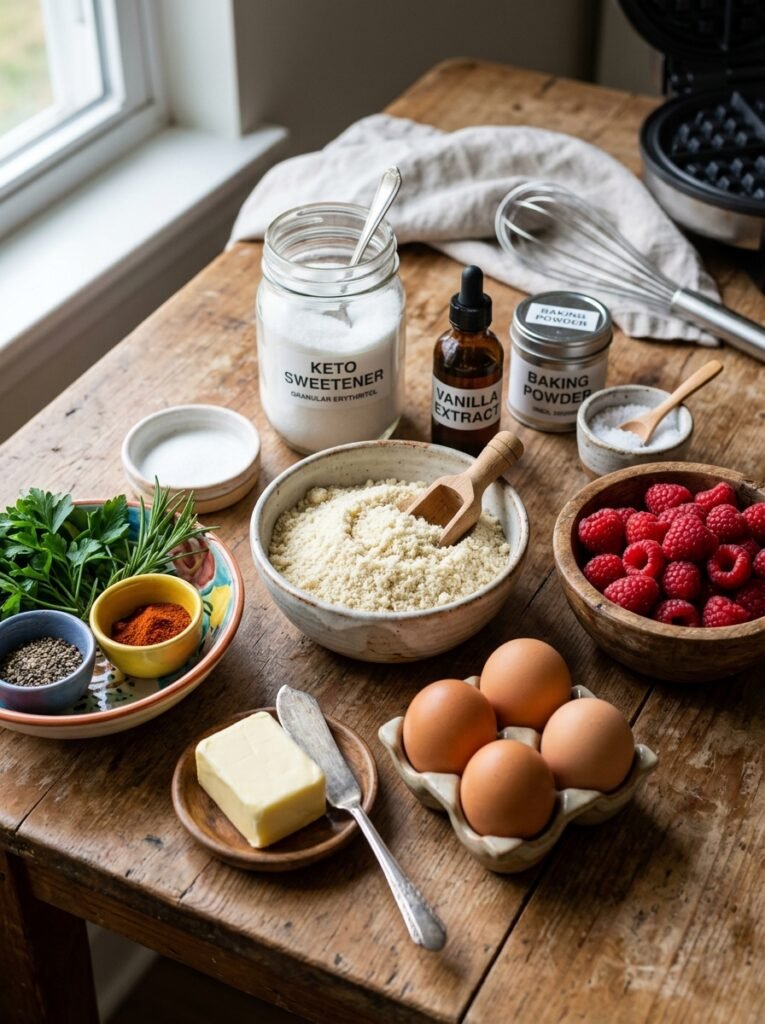 Keto Raspberry Almond Flour Waffles 13 Waffles ingredients on wooden table 202606121158